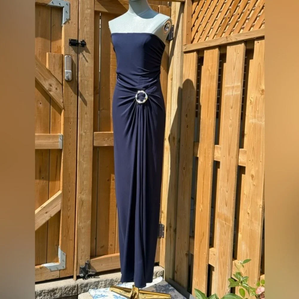 🆕 SIMKHAI 🧿 NWOT Emma Draped Jersey Bustier Midi Dress, Midnight Blue Sz US 12 - Picture 3 of 13